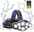 Rechargeable Headlamp, 8 LED 18000lm IPX4, Red Light Flashlight, USB Cable 8 Modes Outdoors Camping Running Fishing Hiking (Blue Headband)