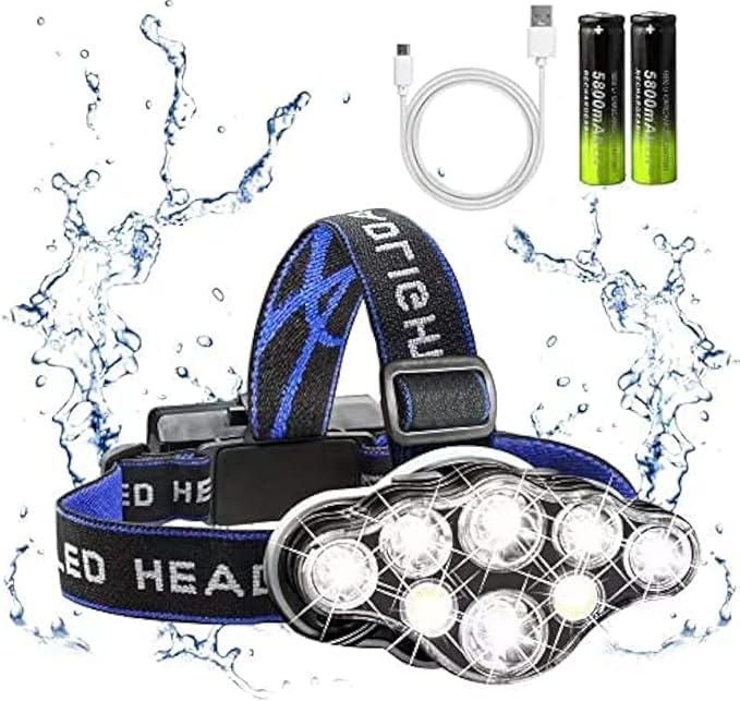 Rechargeable Headlamp, 8 LED 18000lm IPX4, Red Light Flashlight, USB Cable 8 Modes Outdoors Camping Running Fishing Hiking (Blue Headband)