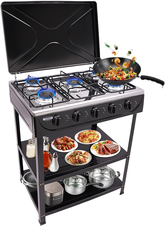 5 Burners Gas Stove Propane Burner Stove Outdoor Gas Grill with Support Leg & Wind Shield Portable Camping Stove Stand Patio Natural gas stove for RV BBQ Apartment | US STOCK (Black)