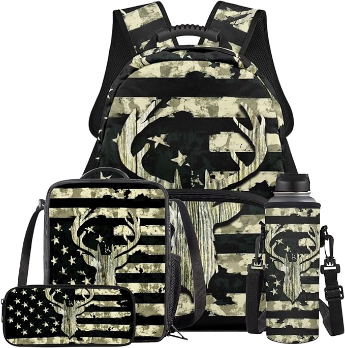 Camo Deer Backpack and Lunch Green Bookbag Lightweight Portable Kids Bookbag with Lunch Box Boys 4 Pcs School Bag for Boys 10-12 Hiking Travel Daypack Outdoor Back to School Gifts
