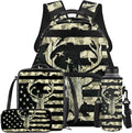 Camo Deer Backpack and Lunch Green Bookbag Lightweight Portable Kids Bookbag with Lunch Box Boys 4 Pcs School Bag for Boys 10-12 Hiking Travel Daypack Outdoor Back to School Gifts