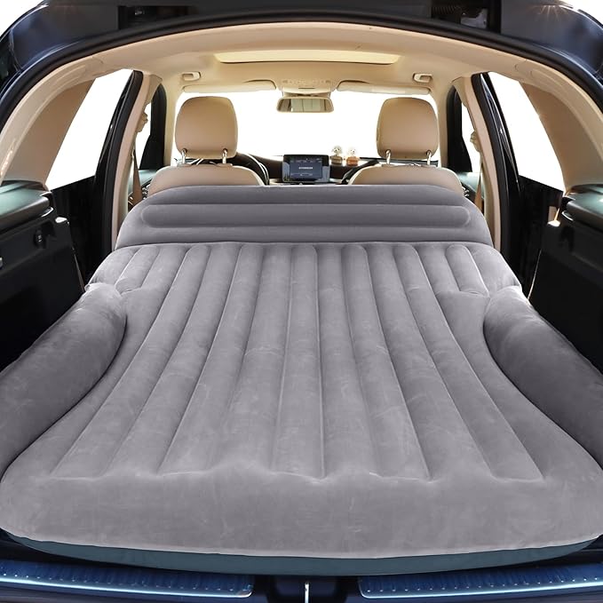 SUV Air Mattress, Double-Sided Thick Flocked Car Air Mattress with Built-in Pump & Pillow, Complete Sleeping Accessories for Auto Camping & Road Trips（Light Grey）