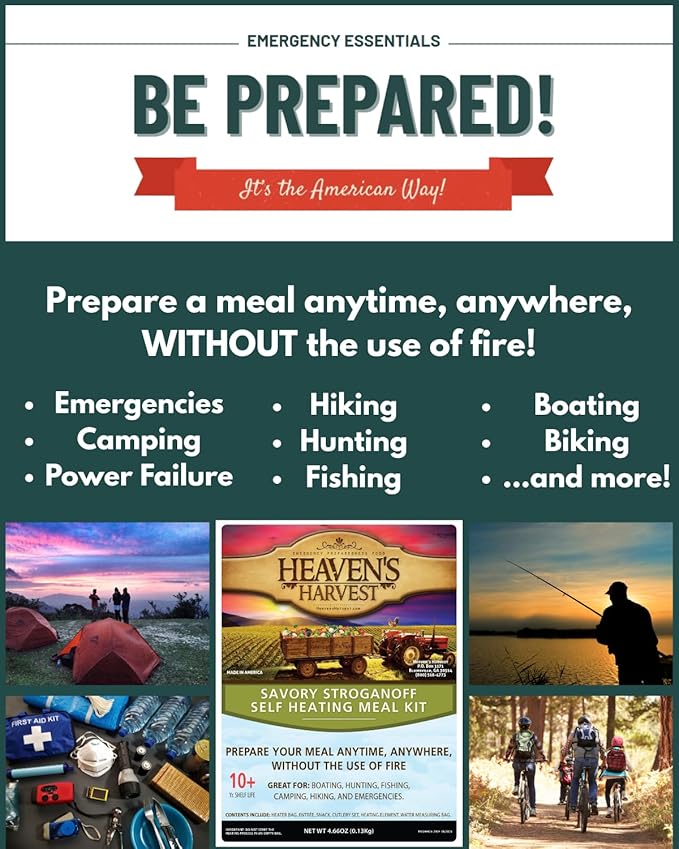Heaven's Harvest Self Heating Meal Kit - Just add water to activate the heating element and the cooking process begins! Emergency Survival Food with a 10-Year Shelf Life (12-pack, Savory Stroganoff)