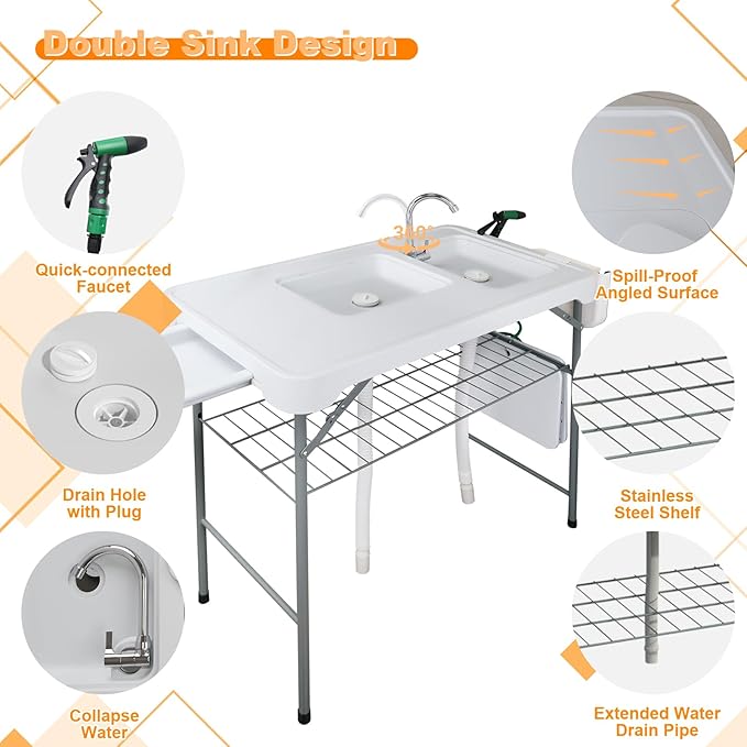 Fish Cleaning Table with 2 Sinks & Grid Rack - 42.5” Outdoor Fish Fillet Cleaning Station for Camping, Patio, Kitchen, RV & Beach