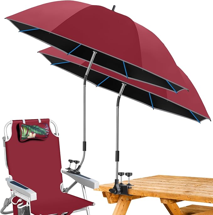 2PACK 48.7inch Umbrella for Beach Chair, 360°Adjustable 50+ UV Protection Large Camping Chair Umbrella with Universal Clip for Glof Cart, Garden Table, Bleacher（Chair,Table not include）