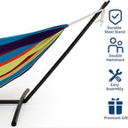 Double Hammock with Stand - Heavy Duty 450lbs Capacity, Portable Cotton Hammock for 2 Adults, Indoor & Outdoor Use with Travel Bag, Quick Assembly, Tropical Stripe Pattern