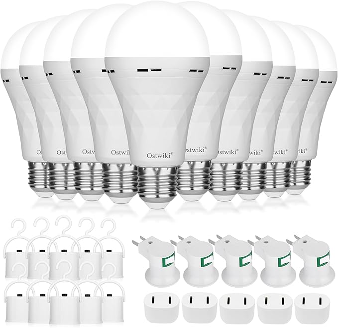 10 Pack Rechargeable Emergency Light Bulbs,Battery Operated Backup Light Bulb for Power Outage Camping Outdoor Hurricane 9W E27 8500K 1200mAh White Self-Charging LED Light Bulbs