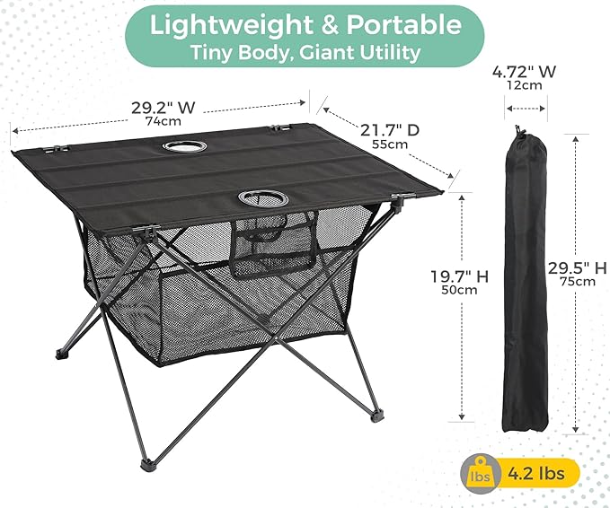 Lightweight Camping Table - Portable Folding Beach Side Table w/2 Cup Holders & Large Storage Basket, Compact Fold for Tailgate Travel Outdoor Fishing Picnic | 29.2" W x 21.7" D (Black)