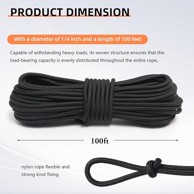 Nylon Rope, 1/4 inch 100FT Nylon Poly Rope Utility Cord Strong Polyester for Camping, Hiking, Clothesline, Tie, Flag Pole, Marine, Outdoor Swing (6mm Black)