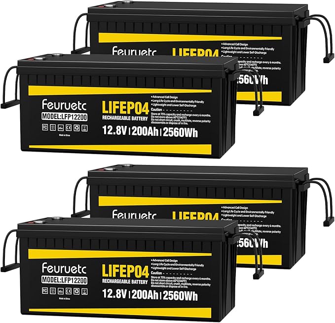 12V 200Ah Lithium LiFePO4 Battery, Built-in 200A BMS, 2560Wh Energy Storage, Iron Phosphate 8000-15000 Deep Cycles Battery for Solar, Trolling Motor, RV （4PC