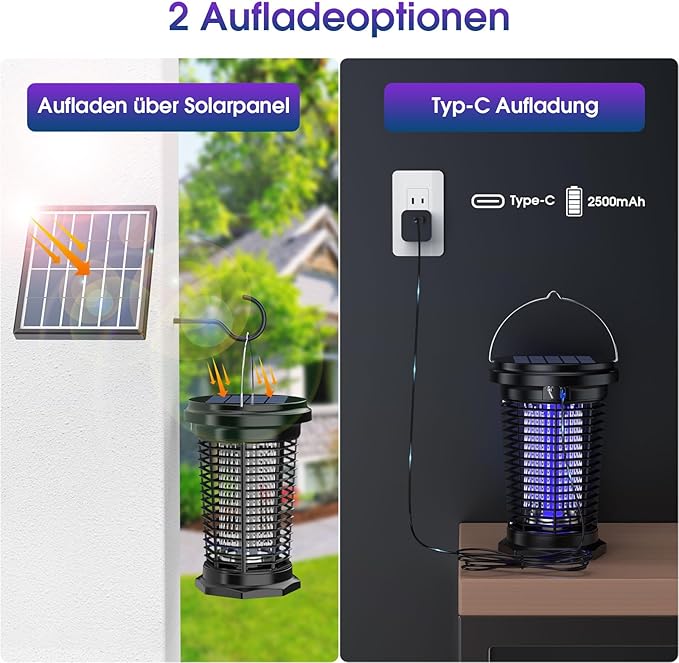 PALONE Bug Zapper for Outdoor & Indoor, USB Rechargeable Solar Bug Zapper with 5.5W Solar Power, Electric Fly Traps, Insect Zapper for Patio, Backyard, Garden, Camping