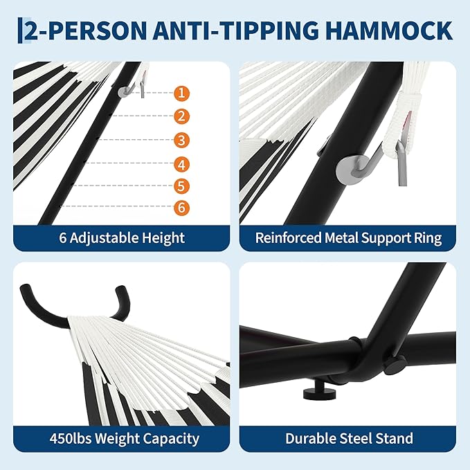 Double Hammocks with Stand for Outside, Portable Space Saving Heavy-Duty Steel Stand for Indoor Outdoor Patio with Carrying Bag, 450 lbs Capacity