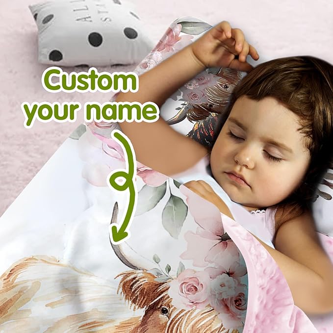 Custom Toddler Nap Mat for Preschool, Personalized Name Highland Cow Design Kids Sleeping Bag for Daycare, Roll Up Sleeping Mat with Removable Pillow and Soft Dot Minky Blanke for Girls Camping