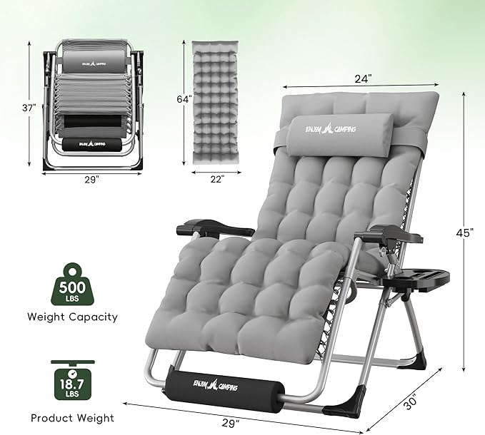 Amopatio Oversized Padded Zero Gravity Chair, XL 29In Reclining Camping Lounge Chair w/Removable Cushion&Headrest, Upgraded Lock and Footrest, Folding Patio Recliner for Indoor Outdoor, Grey