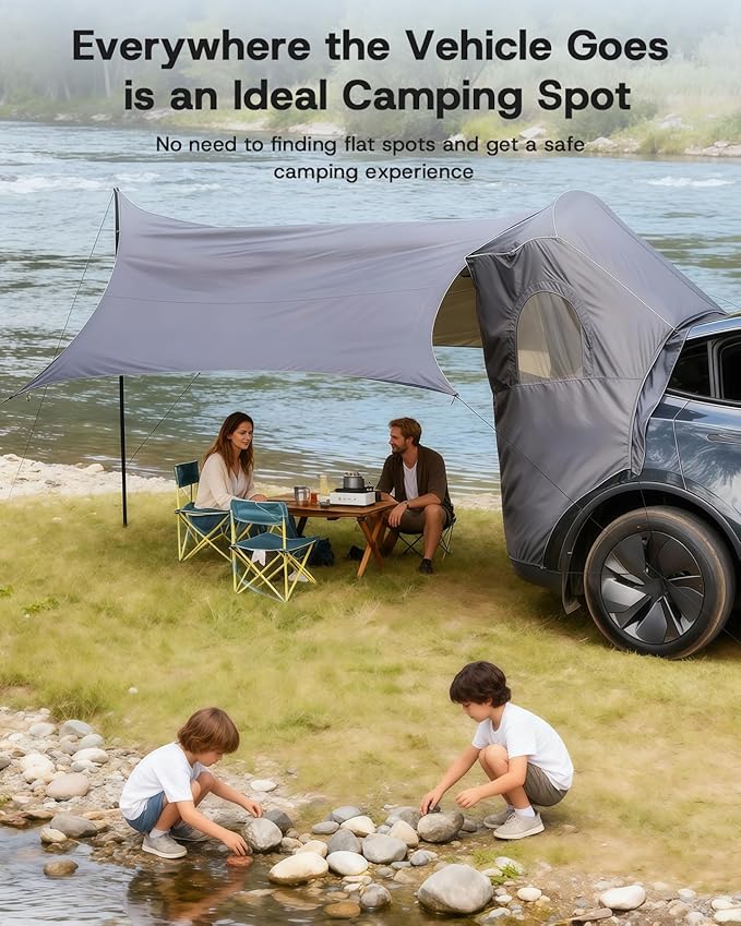 Camping Tent with Canopy for Tesla Model Y Juniper Accessories 2025 2026 [UPF50+ & Waterproof PU 3000mm] 420D Oxford Fabric Car Tailgate Shade Awning with Screen Net for 7-8 Person - Grey