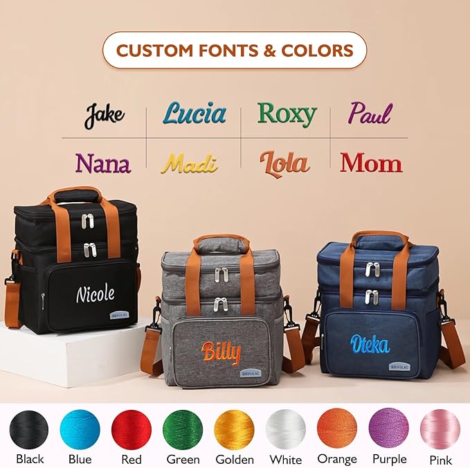 ‌Personalized Insulated Lunch Box for Men & Women - Reusable Leakproof Cooler Bag with Custom Embroidery Name, Expandable Compartment, Adjustable Strap for Work, Picnic, Camping (Black)