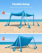 VEVOR Beach Tent Sun Shelter, UPF50+ Sun Protection, 6.6 ft Tall, 10 x 10 ft, Easy Pop Up Beach Canopy with Sandbags, Stability Poles, Sand Shovels, Portable Shade for Family, Camping, Fishing, Blue