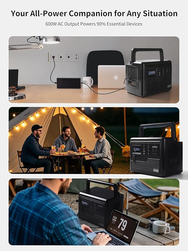 Portable Power Station 600W, 600Wh LiFePO4 Battery, Outdoor Solar Generator for Camping, Traveling, and Emergency