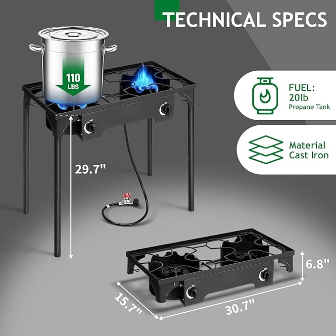 Outvita 2 Burner Propane Gas Stove for Outdoor Cooking, 150,000 BTU Camping Cooker with Removable Legs, Temperature Control Knobs for Backyard Cooking, BBQ, Baking and Frying
