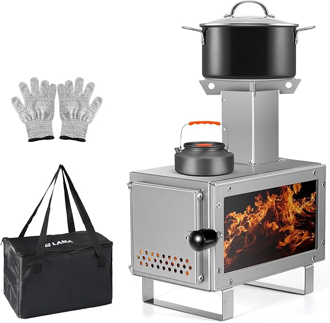 Camping Stove for Hot Tents, LAMA 304 Stainless Steel Wood Burning Stove with Stainless Wall Chimney Pipes for Tents, Shelter, Outdoor Portable Stove for Camping Heating and Cooking