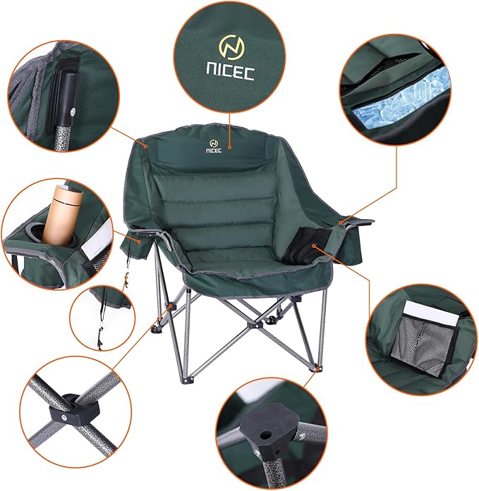 Nice C Camping Chairs, Oversized XL Padded Camping Chair, Outdoor Chair, Lawn Chairs, Lounge Chair, Wide&Thick, Heavy Duty 400lb, Carry Bag, Cupholder & Cooler (Two Green)