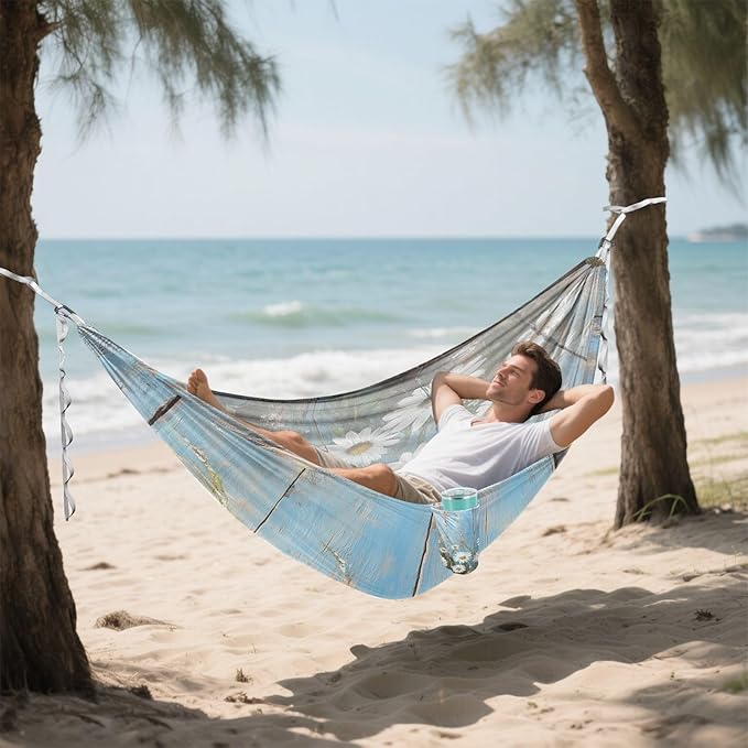 Wood Wall with White Daisies Camping Hammock Single Portable Hammocks 330 lbs Capacity with 2 Tree Straps and Attached Carry Bag,Perfect for Outdoor,Indoor,Beach,Camping,Travel