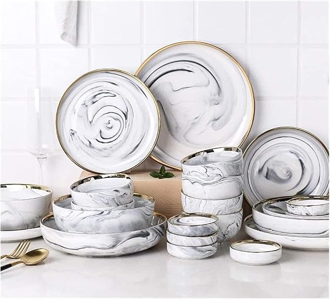 Dinner Plate Stylish Dinner Set for Restaurant and Home, Dinnerware Set Ceramics European Style Marble Dishes and Plates Porcelain Cake Dish Pastry Fruit Tray Ceramic Tableware Steak Dinner Pl (2 Peop