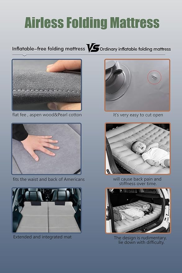 Car Air Mattress Upgrade from Non-Inflatable Foldable Mattress, 75.6"x51.2" Car Bed with Storage Bag, Portable Thickened Sleeping Mattress for Camping, Travel, Beach, Fits Most SUVs (Gray)