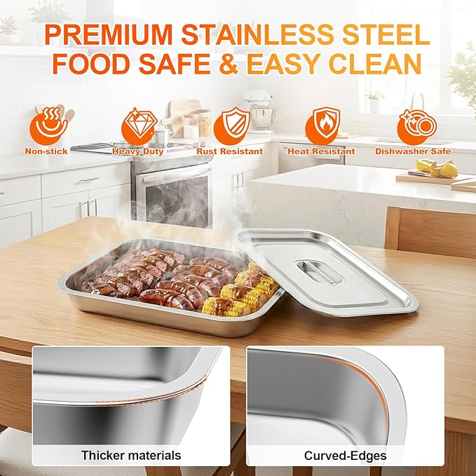 7-Piece Grill Prep and Serving Tray Set, Stainless Steel BBQ Marinating Container with Lid, Cutting Board, Wire Rack, Tongs & Heat Resistant Gloves, Stackable Large Meat Pan for Camping & Tailgating