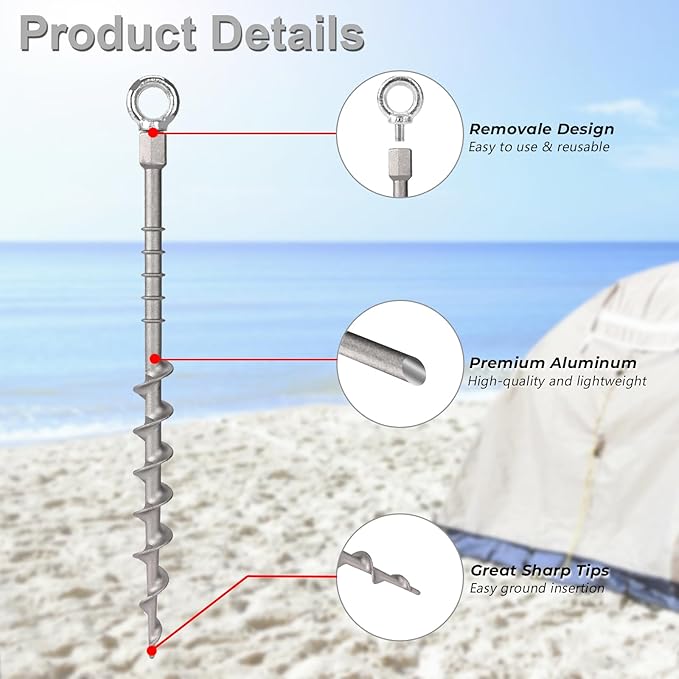 12 Pcs 14" Ground Anchors Screw in Non-Rust Cast Aluminum Detachable Tent Stakes for Camping Tents, Sand, Trampoline, Swing Sets and Sheds