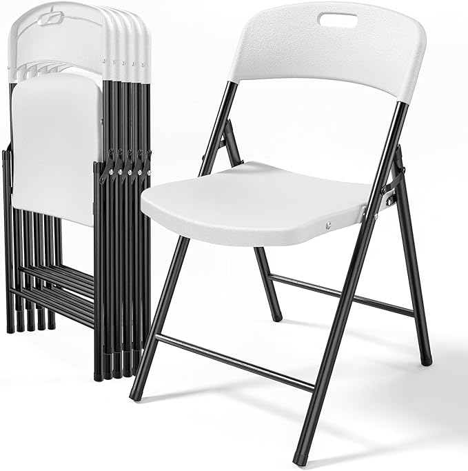 Bonnlo 6-Pack White Plastic Folding Chairs, Portable Seat with Sturdy Steel Frame for Indoor & Outdoor Use, Perfect for Banquet, Party, Wedding, Office, and Camping