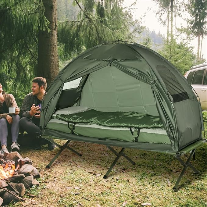 Camping Tent Cot, 4-in-1 Folding Tent Cot Combo with Mattress, Pillow, Sleeping Bag, Roller Carrying Bag, Off Ground Travel Camp Cot for Hiking, Backpacking, Picnic