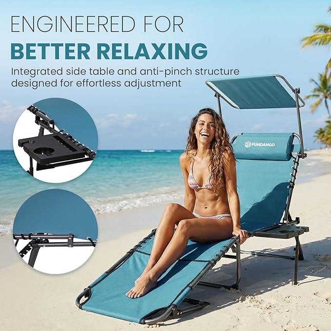 FUNDANGO 4 in 1 Tanning Chair with Face Hole & Canopy Shade, 400lbs Beach Lounge Chair with Side Table Chaise Lounge Chairs for Patio, Pool, Lawn, Sunbathing, 5-Position Adjustable Sun Lounger,Cyan