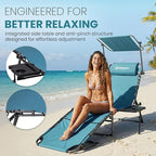FUNDANGO 4 in 1 Tanning Chair with Face Hole & Canopy Shade, 400lbs Beach Lounge Chair with Side Table Chaise Lounge Chairs for Patio, Pool, Lawn, Sunbathing, 5-Position Adjustable Sun Lounger,Cyan