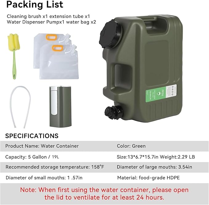5 Gallon Water Jug, BPA-Free Portable Large Water Container, Emergency Water Storage for Outdoor Hiking, Camping, Backpacking