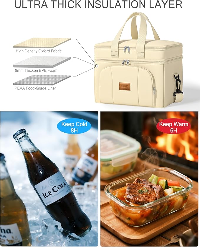 Rnivvi Lunch Box for Women, Double Decker Insulated Cooler Bag Lunch Bag Reusable Leakproof Tote Lunch Container with Strap for Work Family Picnic Camping, 18 Cans 12L, Large Adults, Apricot White