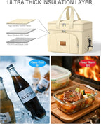 Rnivvi Lunch Box for Women, Double Decker Insulated Cooler Bag Lunch Bag Reusable Leakproof Tote Lunch Container with Strap for Work Family Picnic Camping, 18 Cans 12L, Large Adults, Apricot White