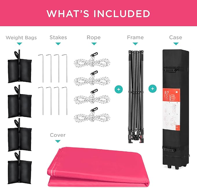 Best Choice Products 10x10ft Pop Up Canopy Tent, Outdoor Shade, 1 Person 1 Minute Set Up, Carry Case, 4 Weight Bags - Hot Pink