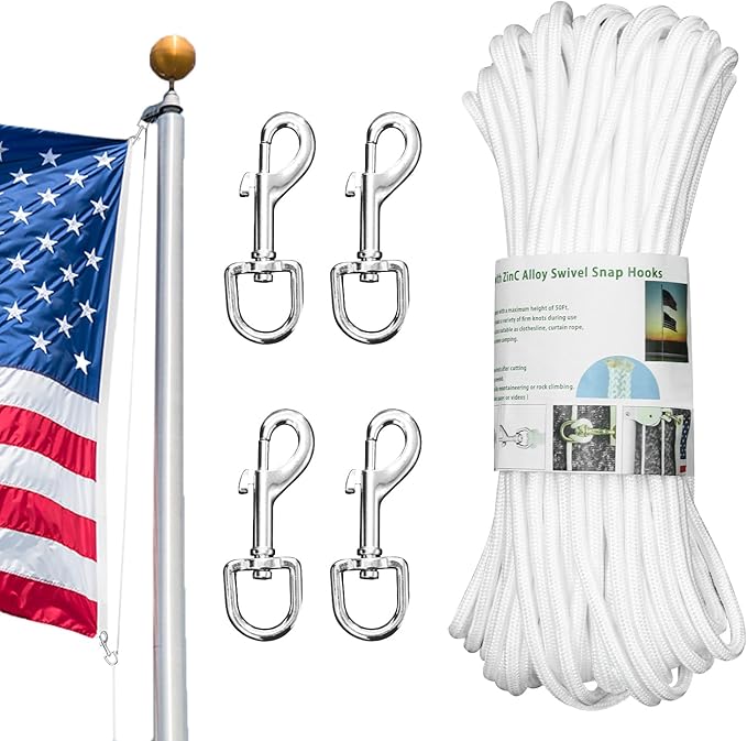 Upgraded Flag Pole Rope Clips Kit 100Ft,5/16” Flag Halyard Rope with Sturdy Swivel Snap Hooks,Heavy Duty Utility Rope for Pet Camping Tent Hardware Accessories Flagpole Line Replacement Set (100ft)