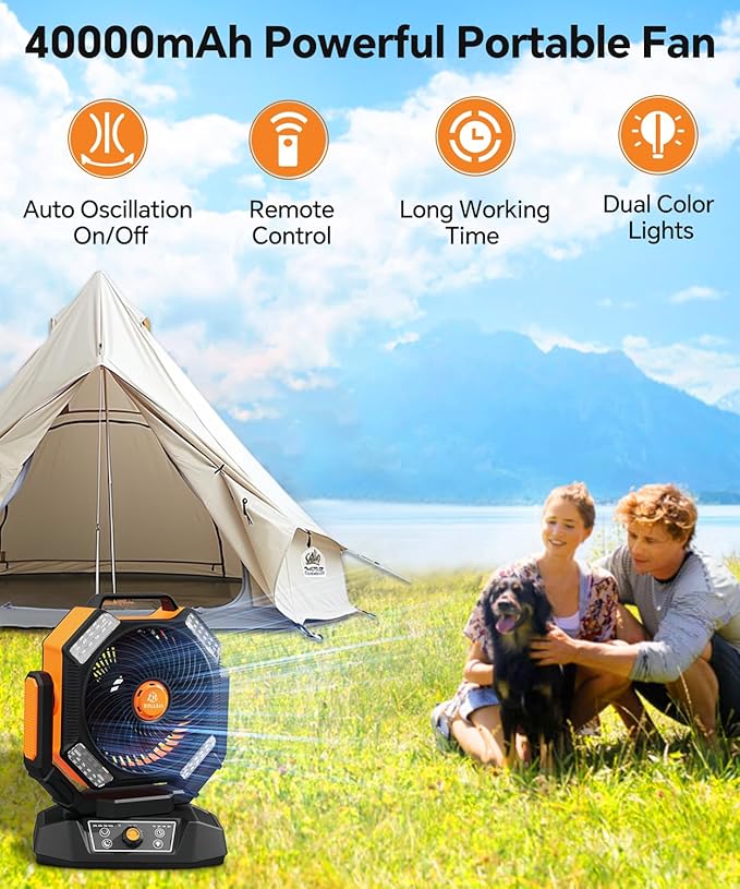 40000mAh Battery Operated Fan, Portable Camping Fan with 4 LED Lantern, 8 Speeds DeskFan with Remote, Portable Rechargeable Fans with Hook for Camping Tent, Power Outages