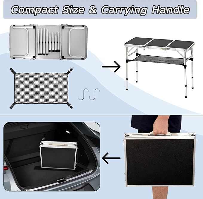 3 ft Folding Table, Folding Camping Table with Storage Net, Lightweight Portable Aluminum Foldable Table with Adjustable Height Max 27.5 Inch Outdoor Table for Picnic Travel, Black