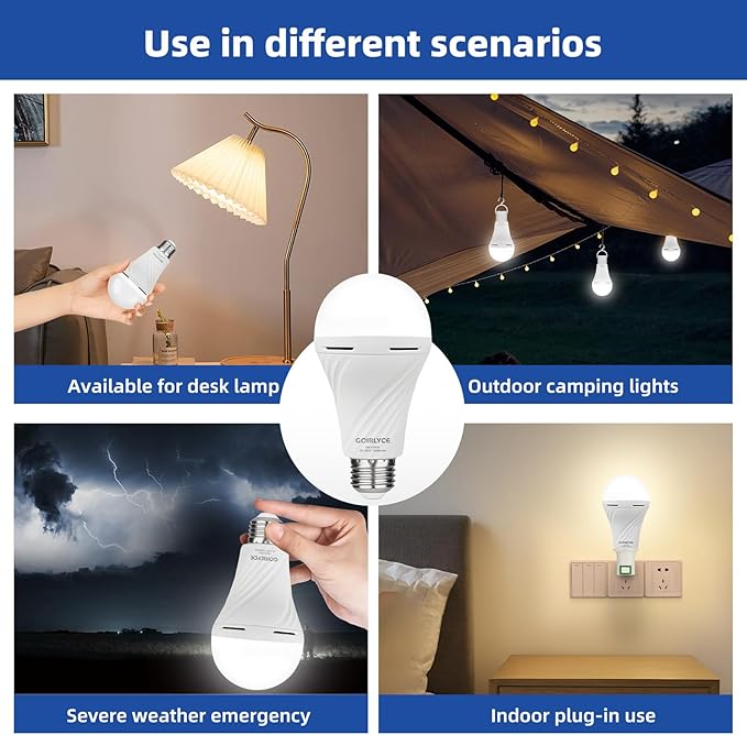 Rechargeable Emergency Light Bulbs, 4 Pack Battery Powered LED Light Bulb with 9W Daylight E27 6500K 1800mAh, Equivalent Self-Charging LED Light Bulbs for Home Power Outage Camping Hurricane Hiking