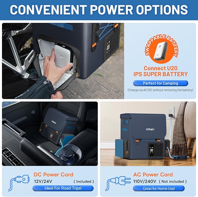 LiTHELi FrozenPack 12V Car Refrigerator, 20L/21QT Portable Electric Cooler, -4~68℉ Travel Fridge Freezer for Camping, Road Trips, RV, Boat & Beach, 2x4.0Ah Batteries and Duat Port Charger