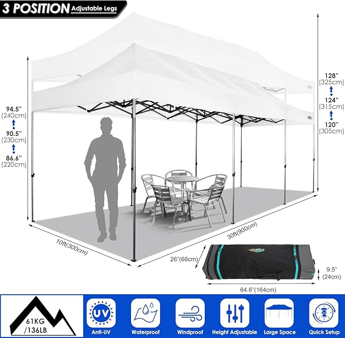 COBIZI 10x30 Heavy Duty Pop up Canopy with 8 sidewalls Party Tent for Parties Weddings Events UPF 50+ Waterproof Commercial Gazebo with Roller Bag, White(Frame Thickened)