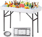 KOTEK Folding Ice Cooler Table with Matching Skirt, Drain Hose & Bucket, Foldable Buffet Beverage Cooler Server, Portable Chill Table for Party, Picnic, BBQ, Camping (White)