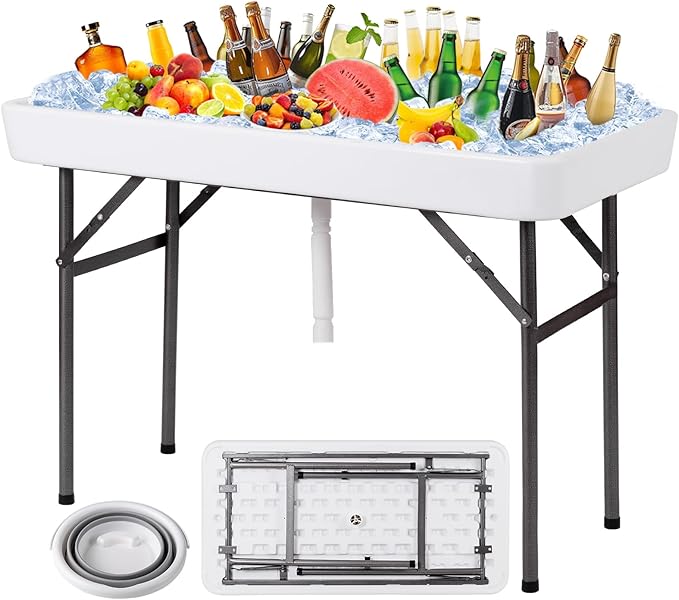 KOTEK Folding Ice Cooler Table with Matching Skirt, Drain Hose & Bucket, Foldable Buffet Beverage Cooler Server, Portable Chill Table for Party, Picnic, BBQ, Camping (White)