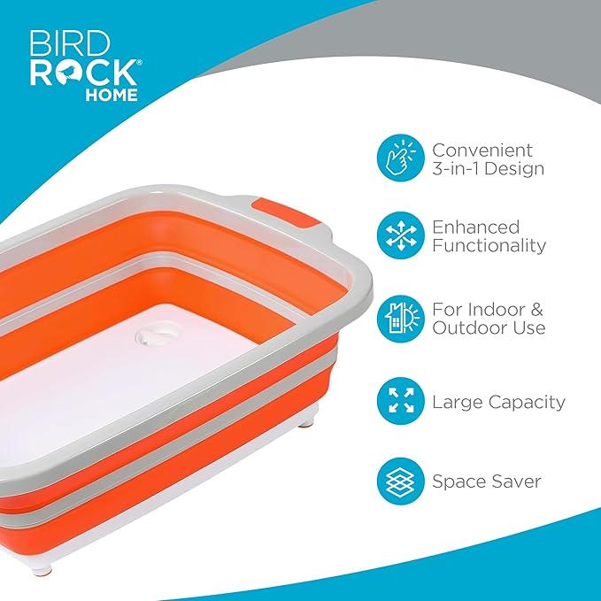 BIRDROCK HOME Collapsible Food Prep & Cutting Board and Grill Caddy Tub with Colander & Lid | Multifunctional Kitchen Vegetable Washing Basket | Silicone Dish Tub for BBQ, Picnic, Tailgate and Camping