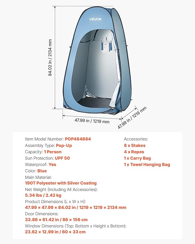 VEVOR Pop up Shower Tent, Instant Portable Privacy Tent Changing Room with Hanging Bag, Ground Stakes, Ropes, Carry Bag, 190T Polyester with Silver Coating, Quick Setup, for Camping, Beach, Fishing