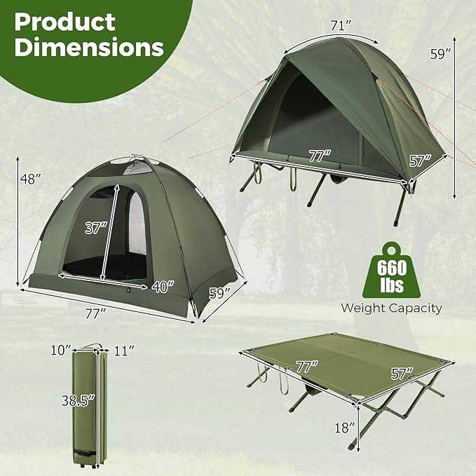 Tangkula 2 Person Tent Cot, Portable Off Ground Elevated Camping Tent with Cot, Removable Rainfly, Wheeled Bag, Stakes & Wind Ropes for Picnic, Hiking, Travel, Beach