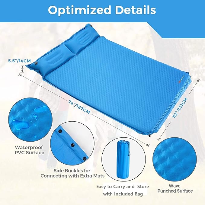 Goplus 2 Person Self-Inflating Camping Sleeping Pad, Black, 74 x 52 inch